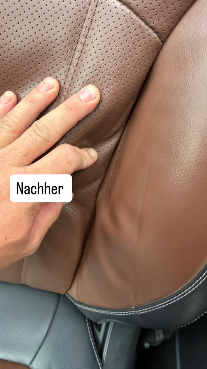 Subaru Ledersitz nach der Aufbereitung, saubere Naht in Nahaufnahme – KFZ-Aufbereitung Siebers