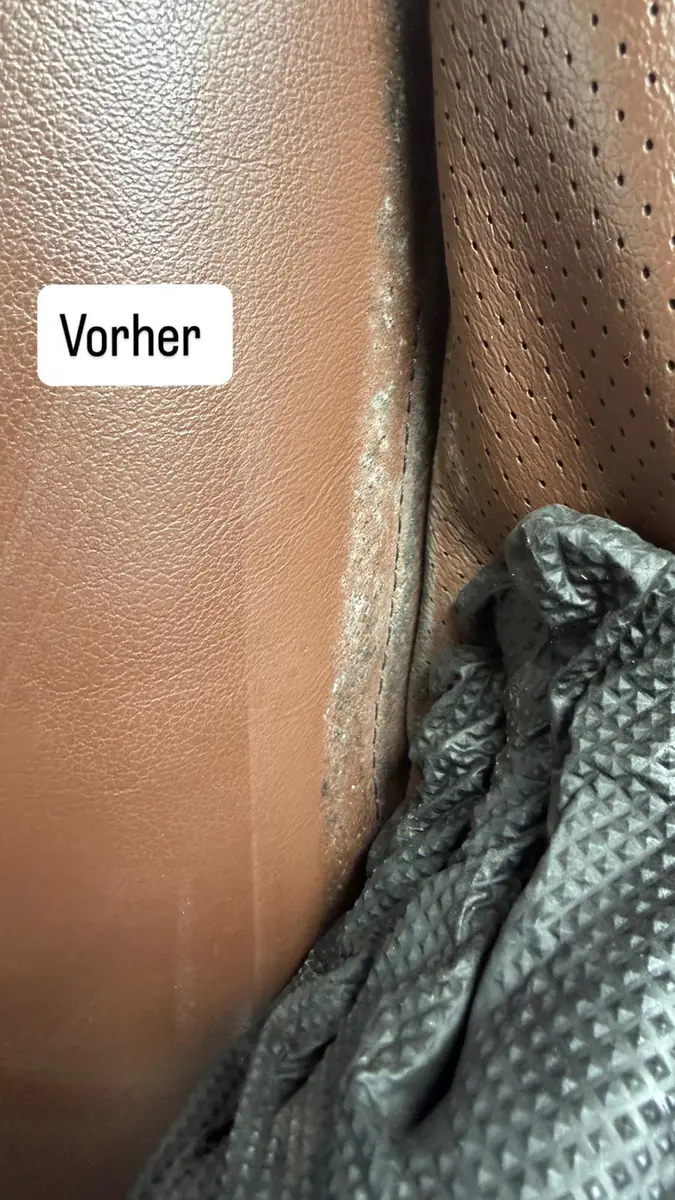 Subaru Ledersitz vor der Aufbereitung, verschmutzte Naht in Nahaufnahme – KFZ-Aufbereitung Siebers