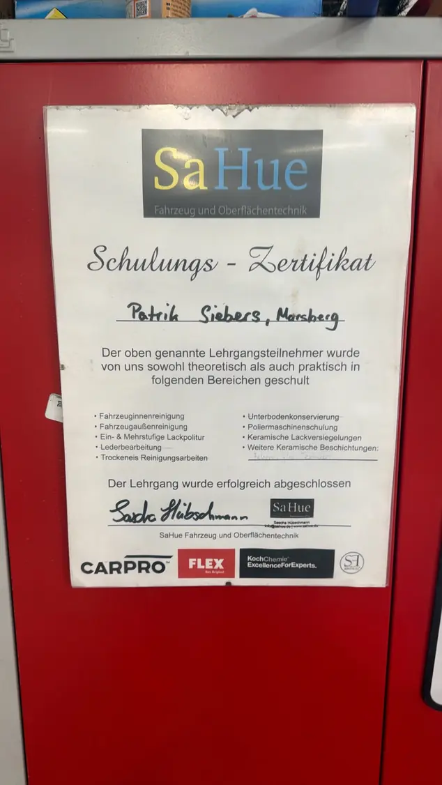 Schulungszertifikat SaHue Fahrzeug- und Oberflächentechnik für Patrik Siebers