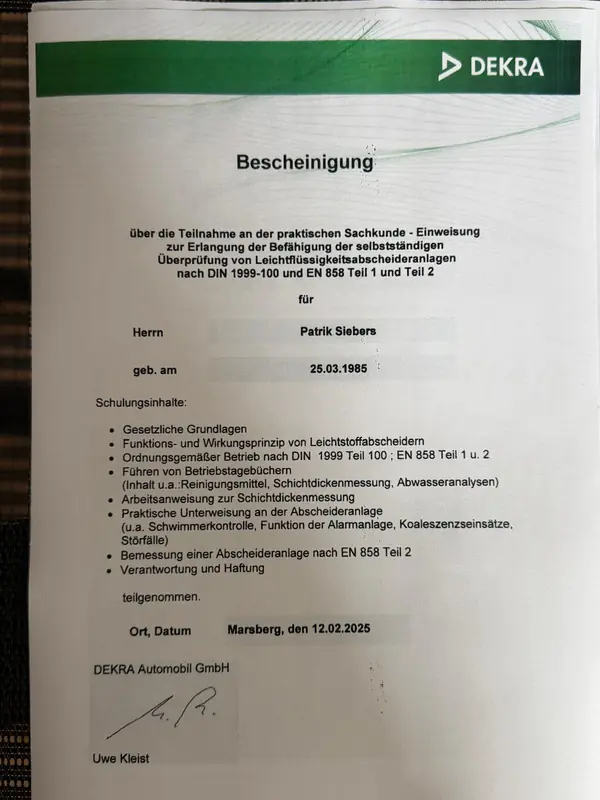 DEKRA-Bescheinigung: Sachkunde zur Überprüfung von Leichtflüssigkeitsabscheideranlagen für Patrik Siebers