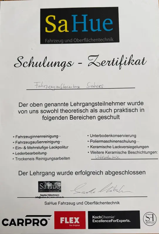 SaHue Schulungszertifikat für Unterbodenkonservierung und keramische Beschichtungen, Fahrzeugaufbereitung Siebers